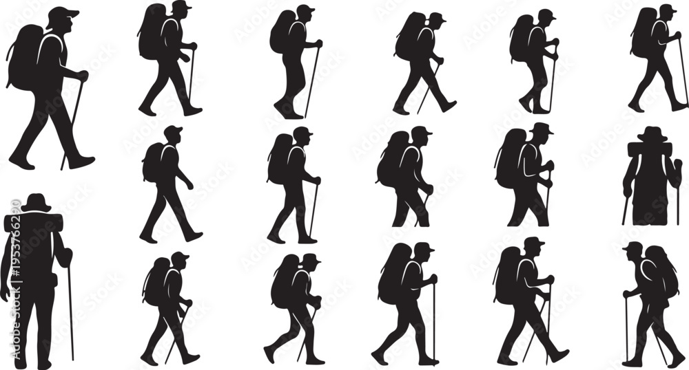 Fototapeta premium Hiking Silhouettes of People Walking with Backpacks and Sticks