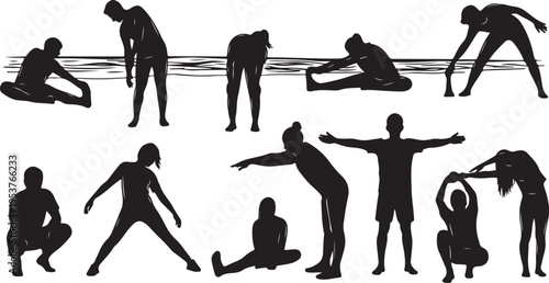 Collection of black silhouettes of people in various yoga poses