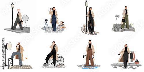 Fashion Illustration Set of Stylish Women in Trench Coats and Wide-Leg Trousers Posing in Various Urban Street Scenarios