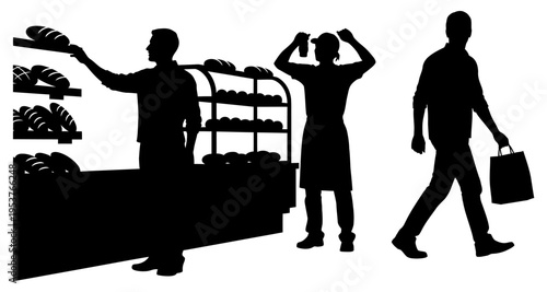 Customer selects bread in bakery while worker arranges display and shopper leaves with bag