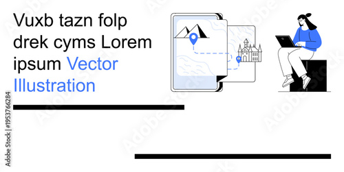 Digital navigation, travel apps, technology, itinerary planning, tourism, information sharing. Woman using laptop, map with pins digital device. Digital navigation and travel apps