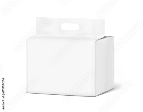 Realistic stand bag with hole handle mockup. Half side view. Vector illustration isolated on white background. Suite for the presentation of diapers, wet wipes, pants, changing mats, pads. EPS10.