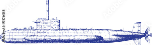 Hand Drawn Nuclear Submarine Side Profile Vector Line Art, Naval Military Vessel Technical Illustration Isolated on White Background