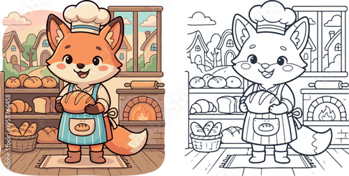cute fox baker wearing apron and chef hat jungle animal cartoon vector illustration clipart and lineart for children coloring book