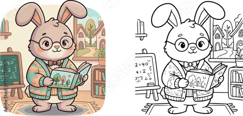 rabbit teacher with glasses holding book jungle animal cartoon vector illustration clipart and lineart for children coloring book