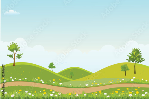 A peaceful cartoon landscape featuring rolling green hills and path
