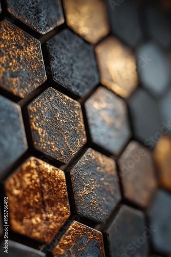 Close-up of textured hexagonal tiles in warm and cool metallic tones, creating an abstract pattern with a shallow depth of field.