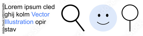 Search optimization, exploration, identity, minimalism, icons, analysis. A happy face with two magnifying glass icons in a minimal design. Exploration and search optimization concepts