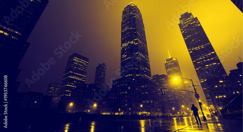 Chicagos Majestic Skyscrapers Illuminate the Night Sky with Golden Hues.