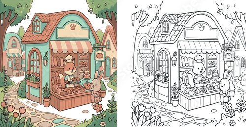 cute bakery shop with bread display jungle animal cartoon vector illustration clipart and lineart for children coloring book