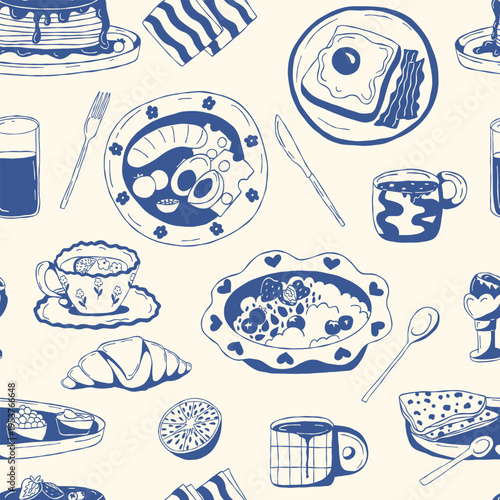Breakfast food seamless pattern. Eggs, bacon, pancakes, croissant, porridge, toast, coffee, tea. Hand drawn line art minimal doodle style for packaging, branding, textile, wallpaper, print, cafe