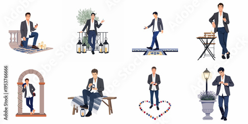 Set of vector illustrations featuring a man in a suit preparing and proposing with an engagement ring in various romantic settings.