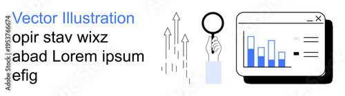 Business growth, data analysis, performance tracking, research, financial analytics, trends forecasting. Magnifying glass examining data, arrows indicating growth analytic dashboard. Data analysis