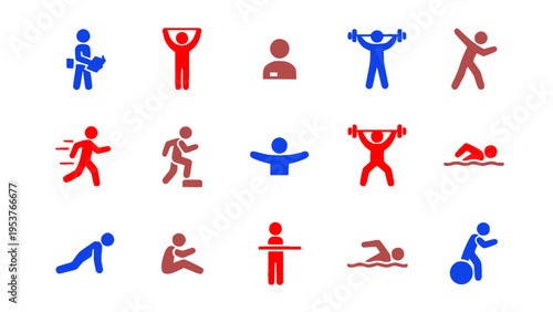 Vector icons illustrating workout activities, training routines, and fitness exercises.