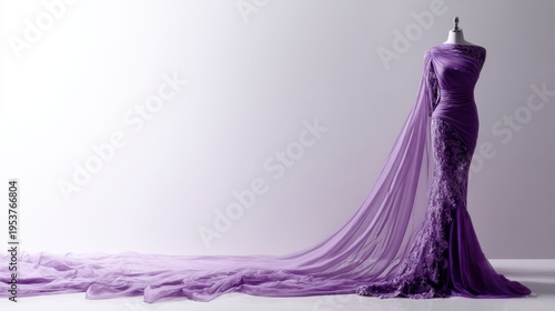 Elegant purple evening gown displayed on a dress form with flowing fabric and intricate lace detailing, perfect for fashion showcases or bridal celebrations and special occasions.