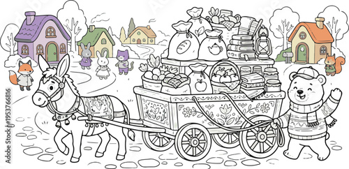 wooden cart pulled by animal cartoon vector illustration clipart and lineart for children coloring book