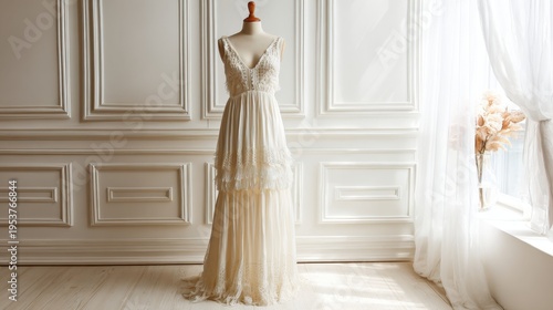 Elegant bridal dress displayed on a mannequin in a bright, airy room with large windows, showcasing delicate lace details and flowing fabric in soft cream tones.