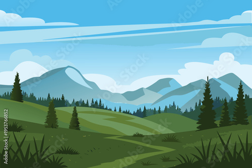 Obraz na plátně Scenic landscape illustration featuring rolling hills and distant mountains