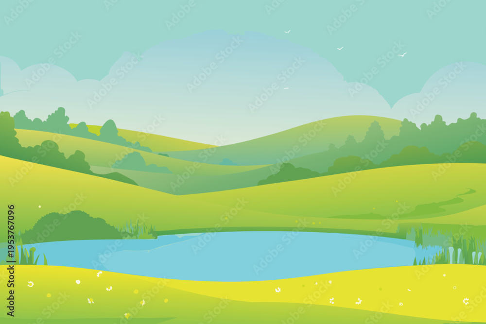 Obraz premium A serene landscape featuring rolling green hills and a small pond
