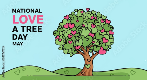 National love a tree day illustration with apple tree and pink apples on green hill