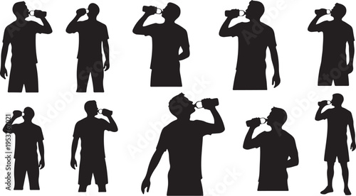 Silhouettes of men drinking from bottles in various poses
