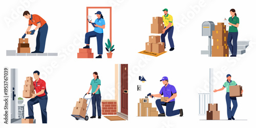 Vector illustrations set of courier delivery workers in various scenarios, delivering cardboard boxes and packages to doorsteps and residential homes.