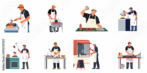 Set of vector illustrations featuring professional burger chefs cooking and preparing hamburgers in various settings like kitchens, food trucks, and outdoor grills.