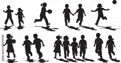 Silhouettes of children playing and running together outdoors freely