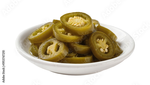Freshly prepared green pickled jalapeño pepper slices, perfectly isolated in a small white ceramic bowl, ready for spicy culinary use PNG