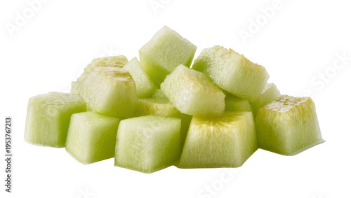 Fotografi Freshly cut honeydew melon cubes, a vibrant pile of juicy green fruit pieces iso