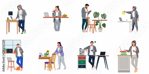 Set of diverse men and women working remotely in casual hoodies and sweatpants, showcasing different home office environments and activities.