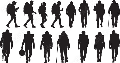 Silhouettes of people walking in various poses and actions
