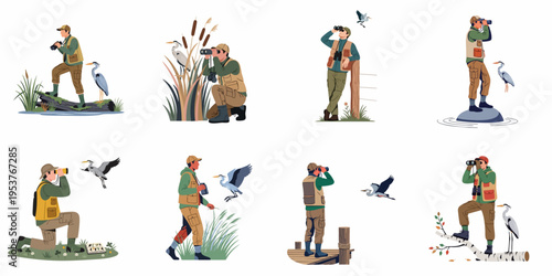 Set of illustrations showing birdwatchers with binoculars observing herons in various natural outdoor settings like wetlands and forests.