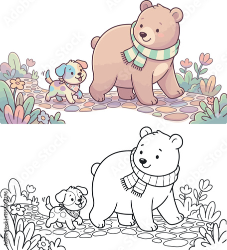 tiny puppy following bear jungle animal cartoon vector illustration clipart and lineart for children coloring book