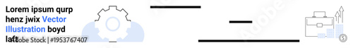 Business planning, workflow optimization, productivity, efficiency, corporate strategy, visuals for presentations. Gear with briefcase and arrow chart. Business planning and workflow optimization