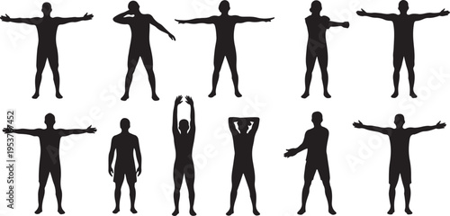 Silhouettes of people in various poses and movements together
