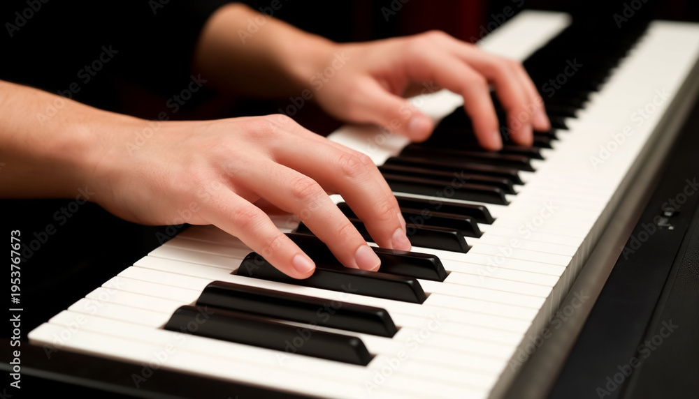 Fototapeta premium Pianist Hands Playing on Abstract Artistic Piano Keyboard Creative Music Interpretation Concept