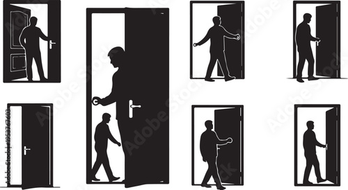 Silhouettes of people entering and exiting through doors slowly