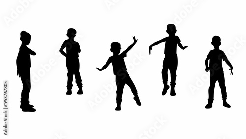 A set of five black silhouettes of children dancing on a white background