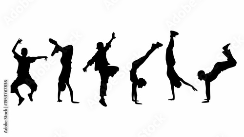 A set of black silhouettes of people performing various dance moves