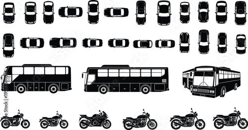 Black silhouette illustrations of cars, buses, and motorcycles arranged in grid layout, showcasing diverse vehicle types for automotive design, transport education, and creative stock use.