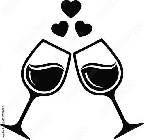 Two wine glasses with hearts black and white romantic valentines day