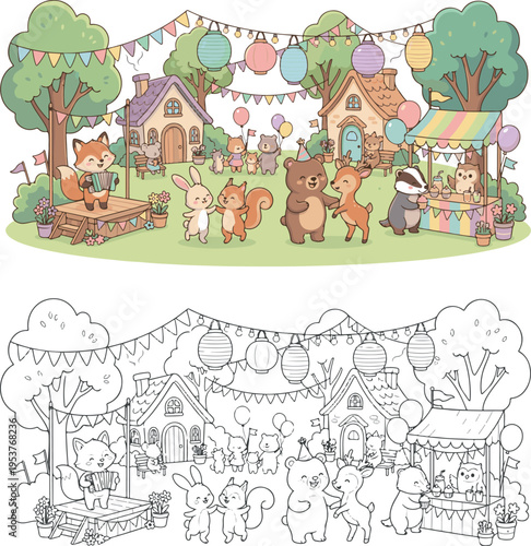  festival with decorations and happy animals cartoon vector illustration clipart and lineart for children coloring book