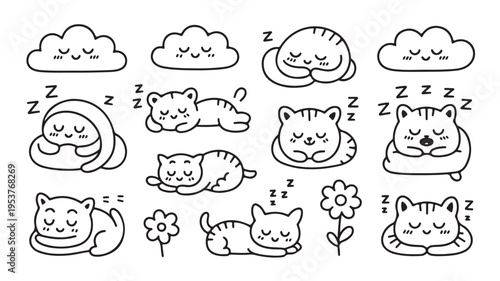 Sleeping Cats And Clouds Cartoon Illustrations For Relaxation Concepts