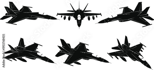 Black silhouette set of modern fighter jets viewed from multiple angles, military aircraft artwork highlighting aerodynamic design, symmetry, and aviation engineering perspectives