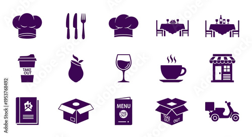 Culinary Icons Illustrating Restaurant, Delivery, and Food Service Elements in Purple