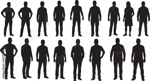 Collection of black silhouettes of men in various poses standing