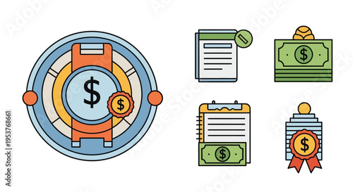 Financial Investment Icons Representing Finance, Planning, and Profitability in a Flat Design