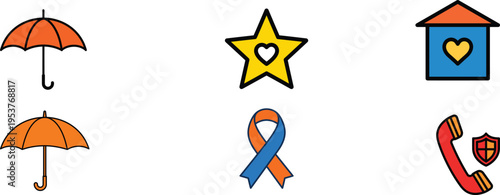Child protection awareness symbols including umbrellas, ribbon, star, house, and phone