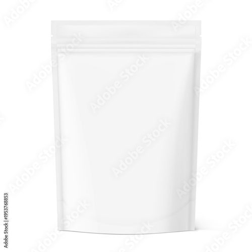 Realistic stand up pouch bag mockup with transparent shadow. Vector illustration isolated on white background. Ready for your design. EPS10.
